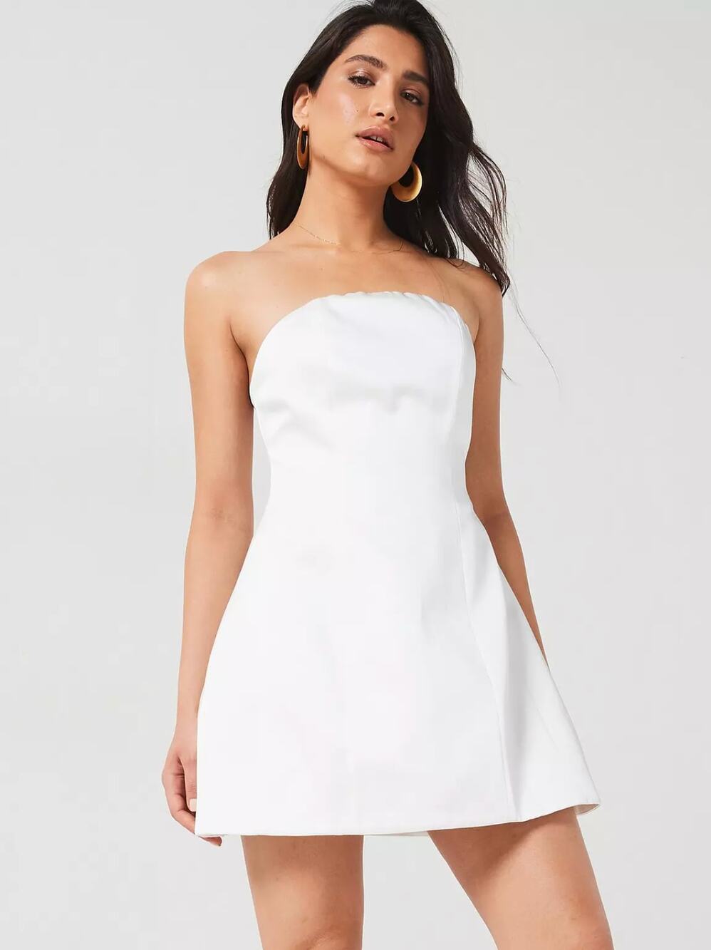 NWT Six Stories Cara Curved Bandeau Strapless Satin A Line Mini Dress White